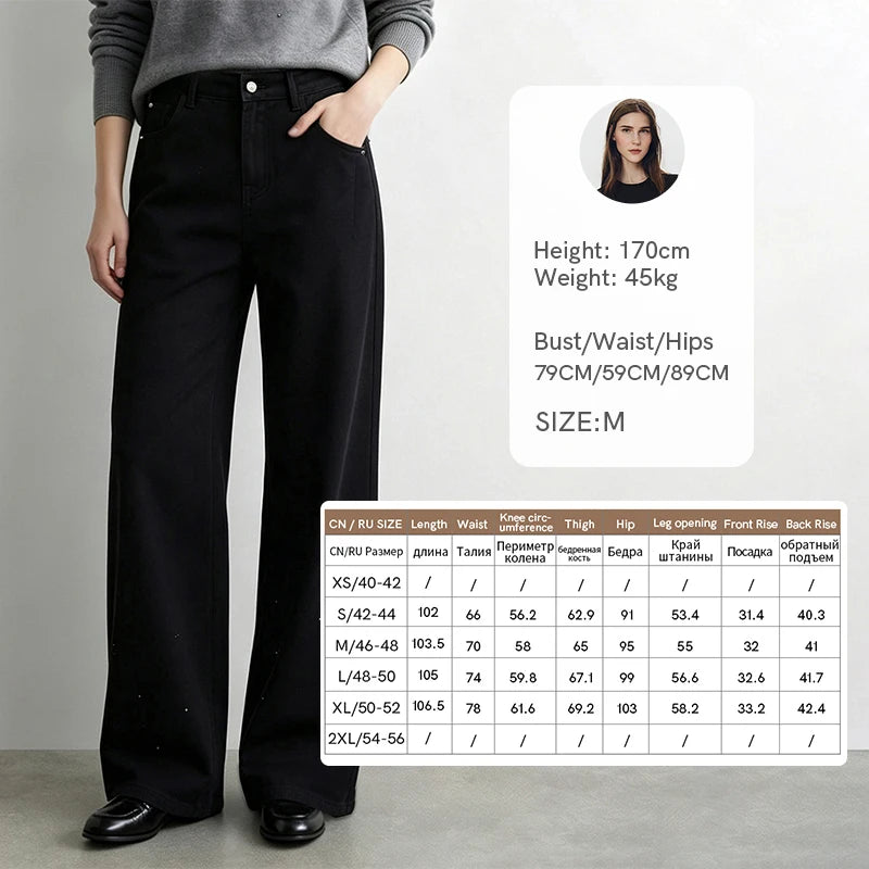 Amii Women Wide Leg Jeans Cotton Rhinestone Long Pants Slimming Loose Fit Trousers Casual Versatile 2026 Autumn Bottoms 12613027
