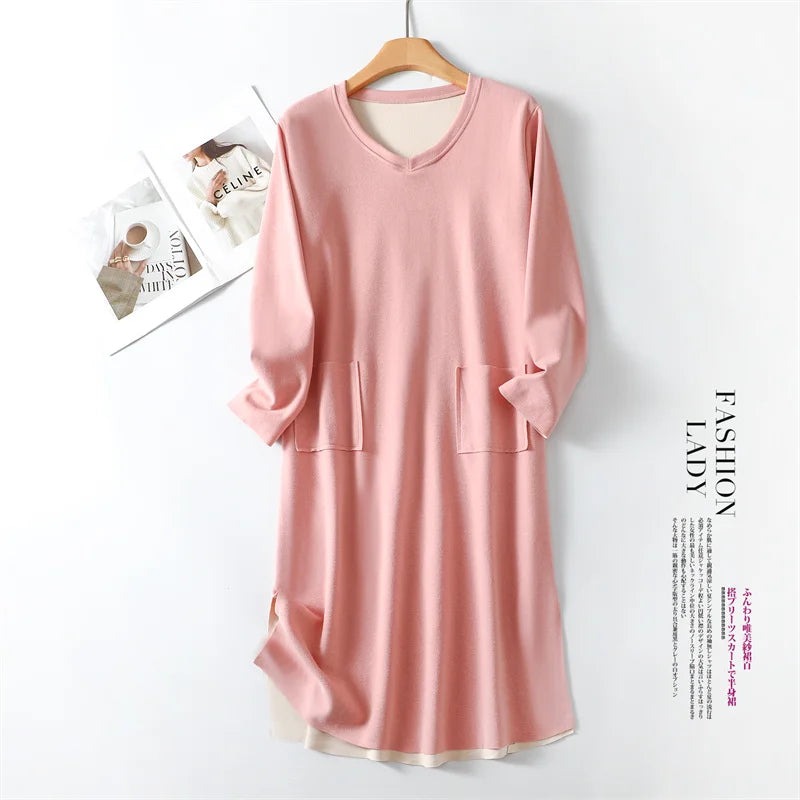 Warm V-neck Home Dress Women's Winter Plush Self Heating Sleeping Large Size Loose Thickened Nightgowns Female Nightdress