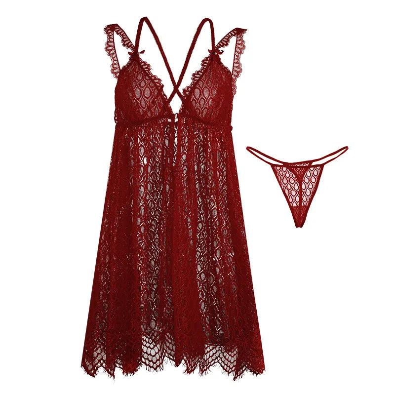 Casual New Large Size Lingerie For Women Sexy Sling Short Dress Thin Lace Summer Nightgowns For Female Night Wear Sleepshirt