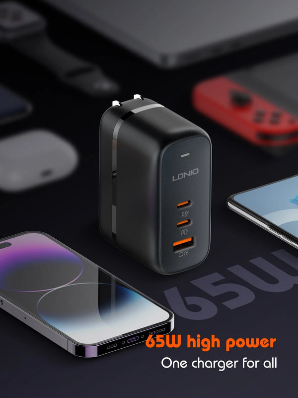 ឆ្នាំងសាក LDNIO 65W USB C ឆ្នាំងសាកសម្រាប់ធ្វើដំណើរ GaN ឆ្នាំងសាក 3 រន្ធ អាដាប់ទ័រដោតអន្តរជាតិ EU UK US AU ខ្សែភ្លើង អាដាប់ទ័រដោតធ្វើដំណើរ