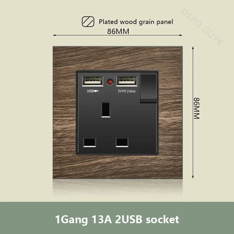 UK 18W Type-C Quick charge Dual Power Outlet,Universal Retro Wood Grain Electrical USB Socket,220V Electrical  Wall Light Switch