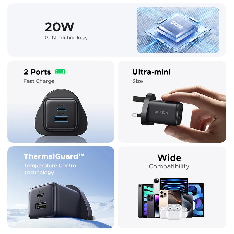 【US Plug】UGREEN 20W GaN Charger For iPhone 16 15 14 Pro Max Samsung S25 Xiaomi Tablet iPad Air PD3.0 Mini USB C Phone Charger