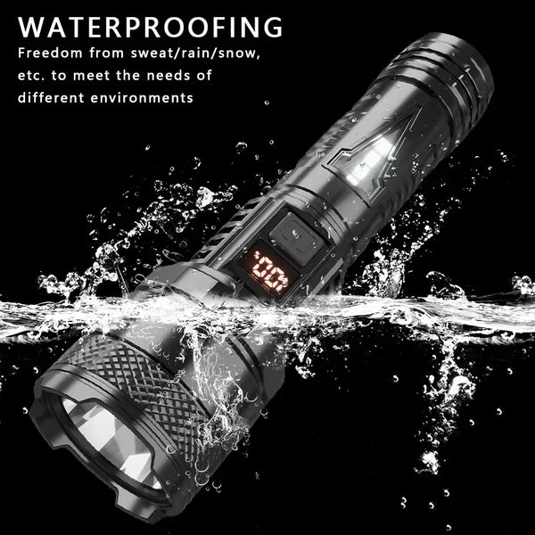 ចង្កៀង LED ដែលអាចសាកបាន 1500W ចល័តខ្លាំង មានថ្មភ្ជាប់មកស្រាប់ ធន់នឹងទឹក ពិល LED ថាមពលខ្ពស់ ភ្លើងពិលឡាស៊ែរពណ៌ស ភ្លើងពិលក្រៅផ្ទះ