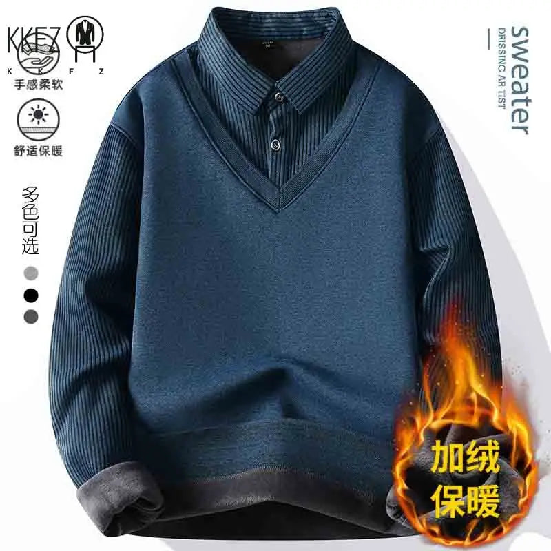 Elastic Knitted Pullover Men Collared Fake Two Piece Full Inner Fleece Thermal Vertical Stripe Long Sleeve Basic Everyday Wear