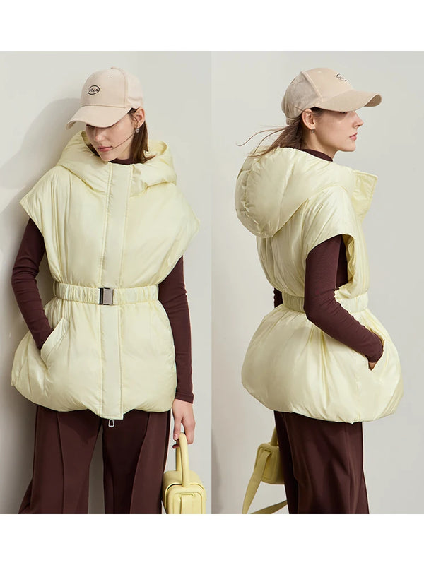 AMII Minimalist 2024 Winter Down Jacket for Women Elastic Belt Detachable Sleeves Women Warm Thick Hooded Outerwear 12444052