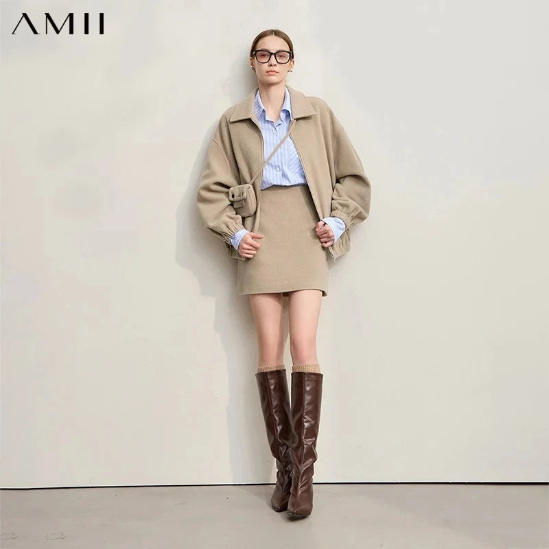 AMII Minimalist Mini Skirt 2026 Winter New Solid Color Short A-line Women's Skirt Versatile Casual Wool Clothing Ladies 12524026