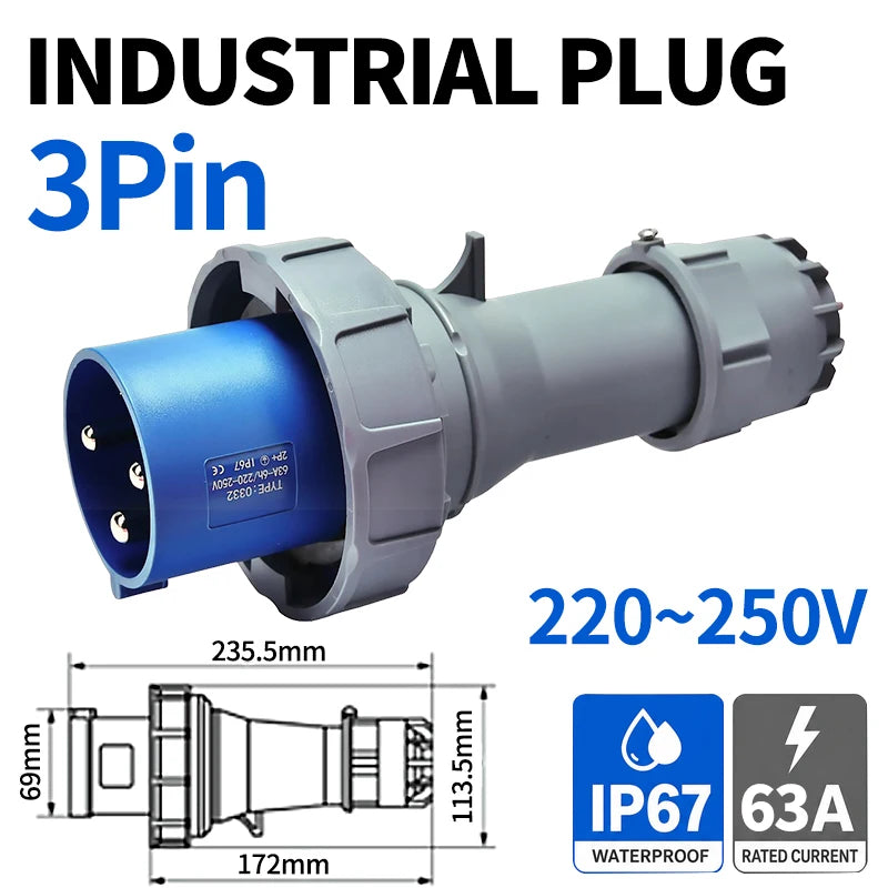 ឈុតរន្ធដោតឧស្សាហកម្ម IP67 63A 3/4/5 ម្ជុល 220V-415V ស្តង់ដារ CEE ប្រុស និងស្រី ជាមួយទំនាក់ទំនងស្ពាន់សុទ្ធ ផ្ទៃរាបស្មើ ឬរាបស្មើ