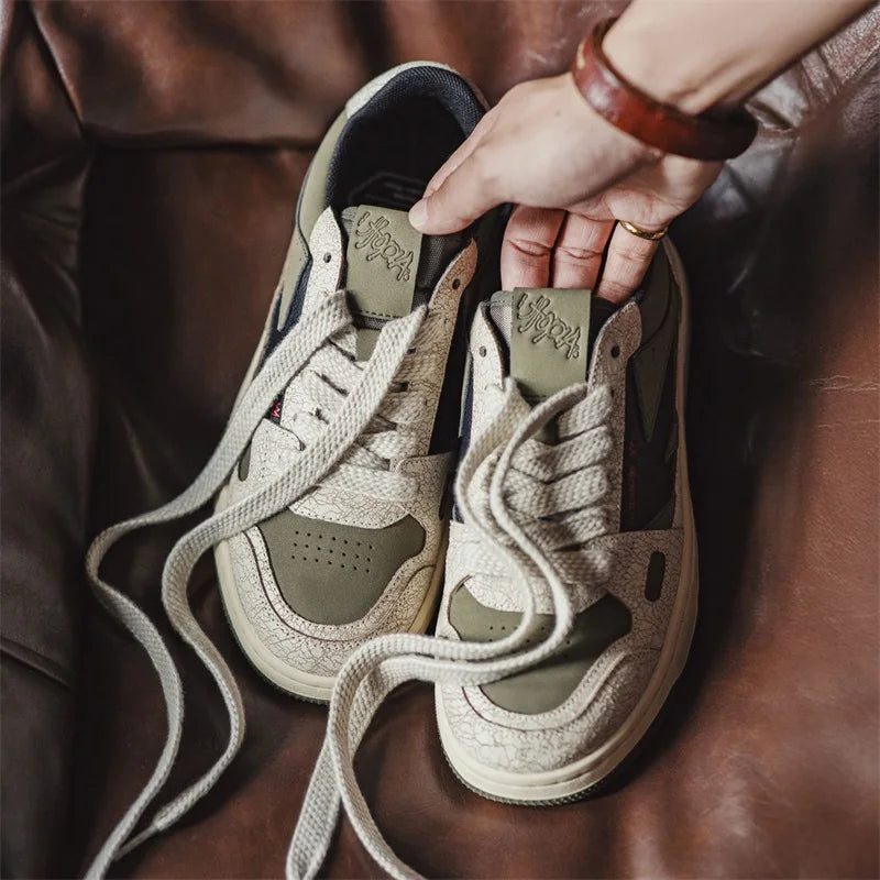 Maden Men's Street Trendy Sneakers Retro Color Block Casual Skate Shoes Chunky Platform Soft Sole Lace-Up Round Toe Board Shoes
