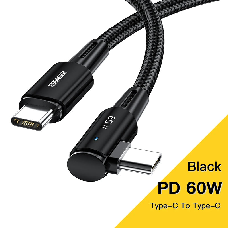 ខ្សែសាក Essager 100W USB Type C ទៅ USB C មុំ 90 ដឺក្រេ សម្រាប់ iPad MacBook Pro Xiaomi Samsung Huawei សាកលឿន Type-C ខ្សែកាលបរិច្ឆេទ