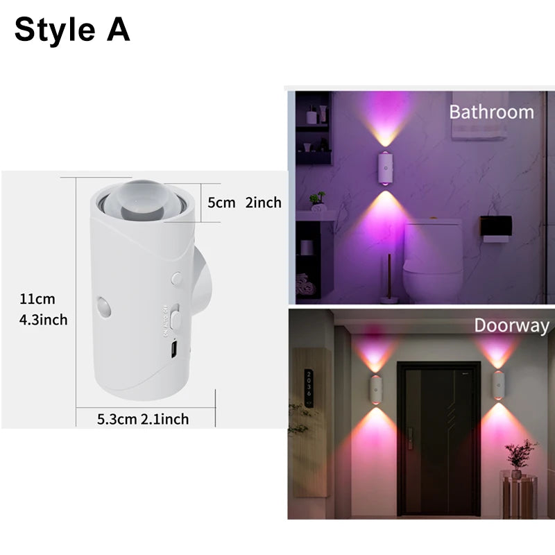 ភ្លើង LED ពេលយប់ RGB ឧបករណ៍ចាប់សញ្ញាចលនា ភ្លើងជញ្ជាំង USB អាចសាកបាន ភ្លើងឡើងលើ និងចុះក្រោម សម្រាប់ជណ្ដើរ រានហាល ការតុបតែងផ្ទះ Ambient