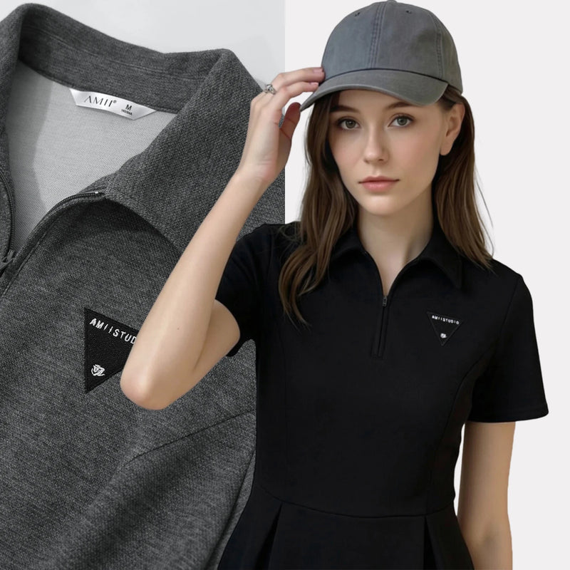 Amii Mini Dress 2026 Summer New Letter Embroidered Polo Collar Fitted Waist Short Sleeve Casual Air Layer Women's Dress 12622153