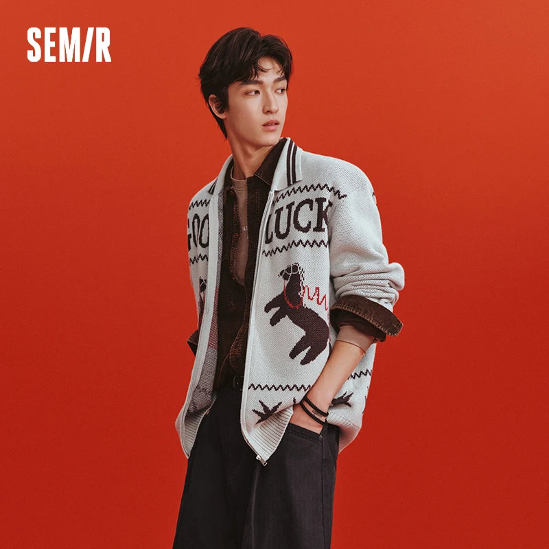 Semir Women Cardigan 2026 Loose Lapel Zipper Fun Pattern Gray Baseball Collar Soft Warm Casual Tops