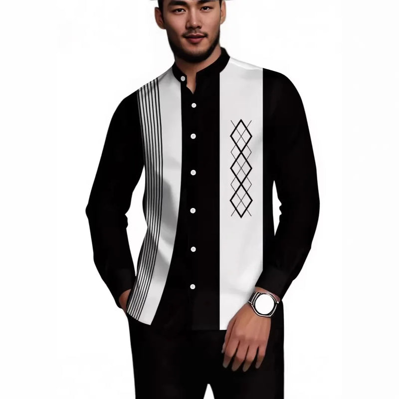 Men's Two-piece Set for Spring/Fall: An Ethnic-style Long-sleeve Shirt Paired with Pants, Red, Blue, Green, Gray, Black, Purple.