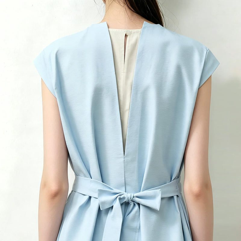 Amii Women's Dress 2026 Summer New Layer Tie Color Block Patchwork Office Lady Midi Dress Loose Shift Woman Clothing 12652053