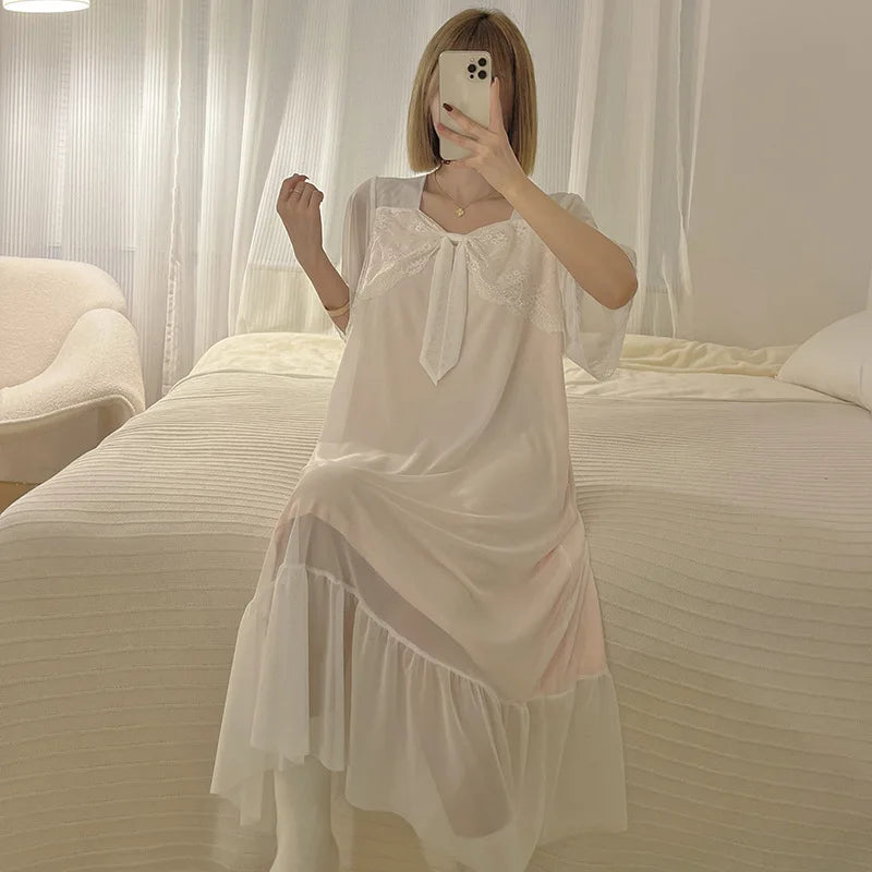 Summer Mesh Palace Nightgowns For Women With Butterfly Bow Night Dress Woman Loose Sleepwear Nightshirt Female Nightwear