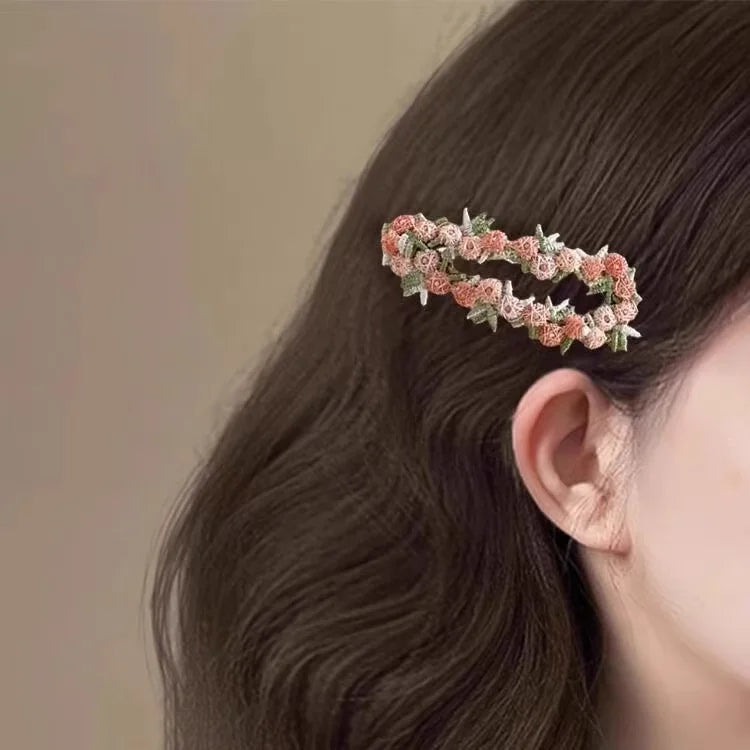 Sweet Pink Lace Flower BB Hair Clip Women Side Bangs Barrettes Elegant Hairpin for Half Updo Hairstyle Hair Accessories