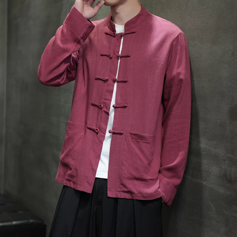 Chinese-style Men's Black Long-sleeve Shirt, Cotton-linen Blend Stand-up Collar Shirts, Available in Burgundy, Beige, Gray. 2026