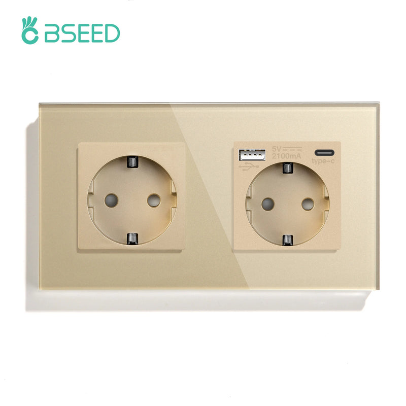 BSEED EU Standard Sockets Single Wall Socket Double Frame Socket with USB Outlets Glass Panel Triple Type-C Sockets For Home