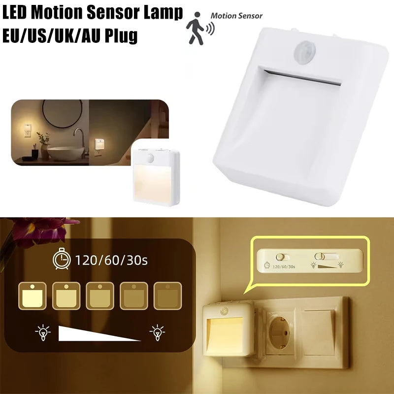 Motion Sensor Night Light Plug in Auto Off Timer 5 Level Dimmable Motion Sensor LED Lamp Soft Warm Light for Hallway Bathroom ﻿