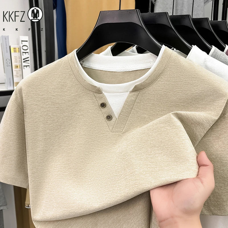 Mens Fake Two Piece Short Sleeve T Shirt Henley Neck Tops Casual Button Detail Tees For Men Daily Street Style Outfits