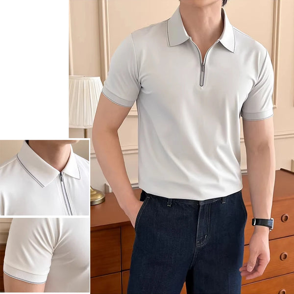 Men's Half-Zip Polo Shirt, Summer Short Sleeve Solid Color Business Casual Turn-Down Collar T-Shirt Breathable and Sweat-wicking
