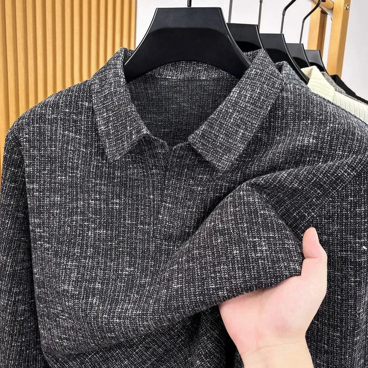 Premium Mens Knitted Polo Long Sleeve Tops Fine Rib Texture Stretch Fabric Turn Collar For Daily And Business Occasions