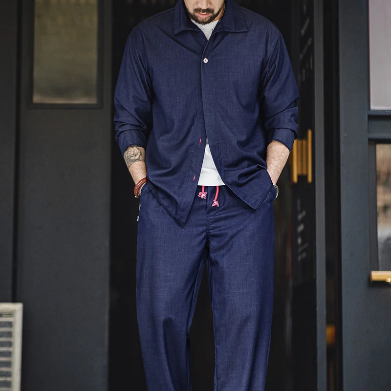 ឈុតអាវ និងខោ Maden ពណ៌ Denim ពណ៌ខៀវសម្រាប់បុរស កអាវរលុង ដៃវែង អាវក្រៅរដូវផ្ការីក ស្លៀកធម្មតា មានផាសុកភាព