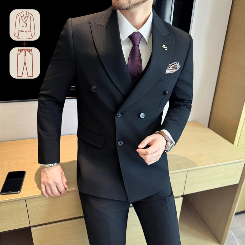 Men's Dark Stripe Double-Breasted Suit Set (Jacket + Pants), Premium Two-Piece Formal Wear, Wedding Suit Business Formal