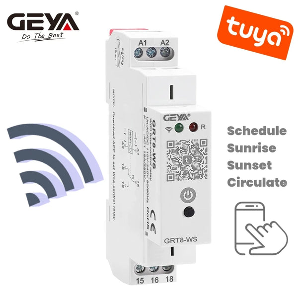 GEYA GRT8-WS TUYA កុងតាក់បញ្ជាពេលវេលា WiFi បញ្ជូនតពេលវេលា WiFi កុងតាក់បញ្ជាពីចម្ងាយផ្ទះឆ្លាតវៃ 16A AC/DC110-240V