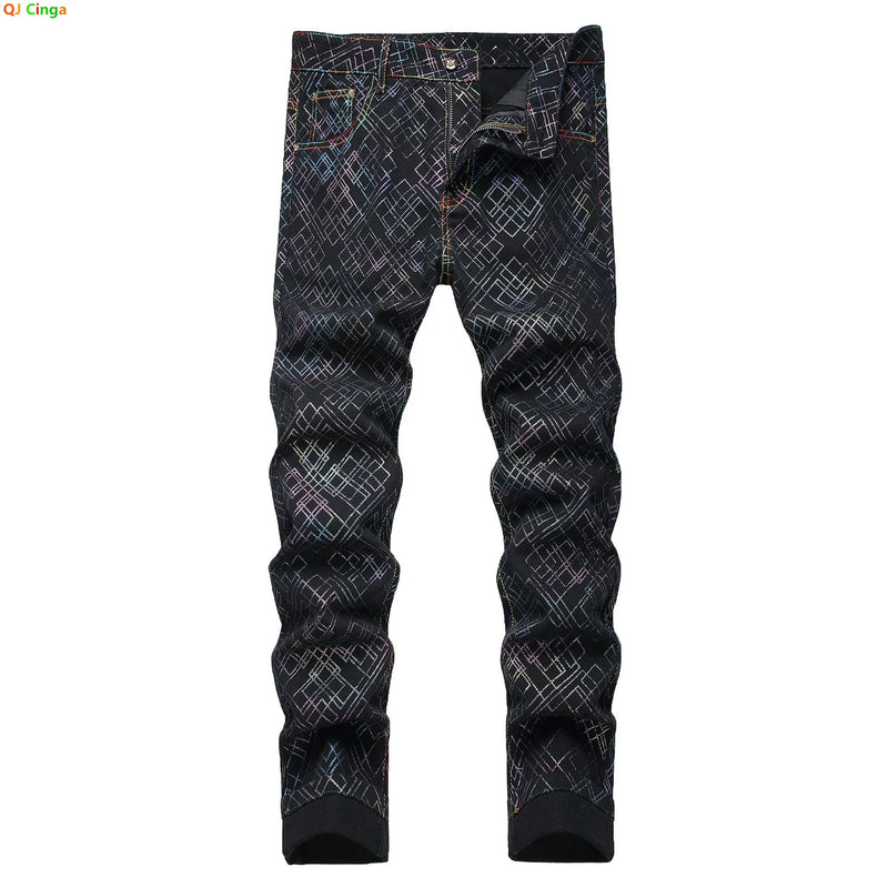 Men's Black Jeans for Spring and Fall, Checkered Print Pants, Stylish Casual Trousers, Asian Sizes 28–42.