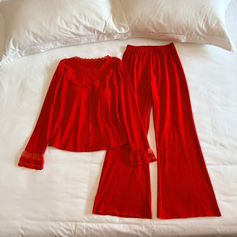 Autumn Sleepwear Woman Nightwear Chest Pads Two Piece Pajamas Set Lady Long-sleeved Trousers Home Clothes Pijama Soft Loungewear