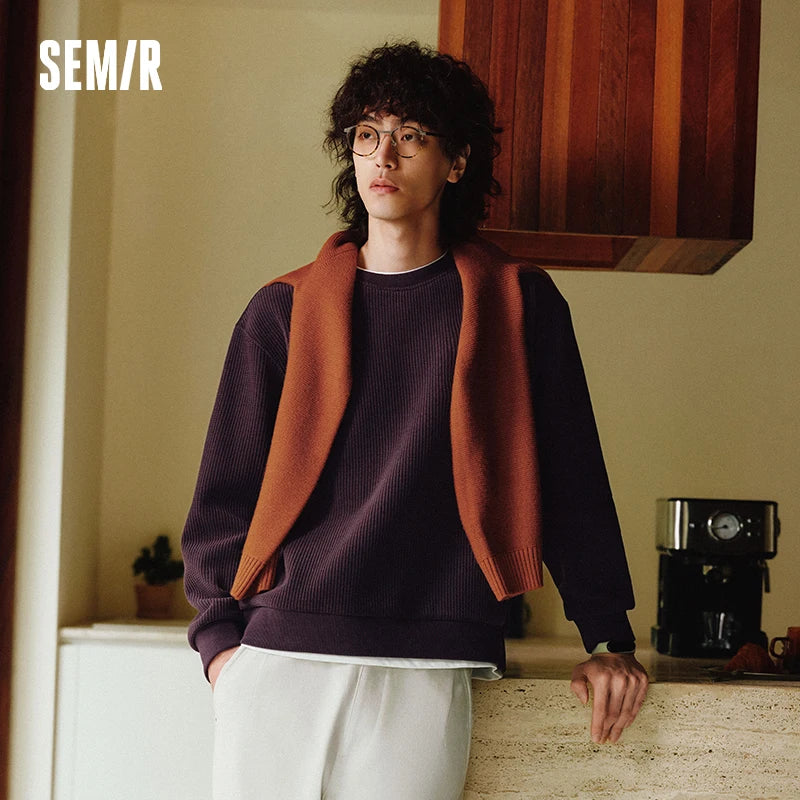 Semir Men Sweatshirt Fleece Lined Waffle Texture Layered Look Long Sleeve Everyday Style 2026 Winter Warm Layer Soft Comfort