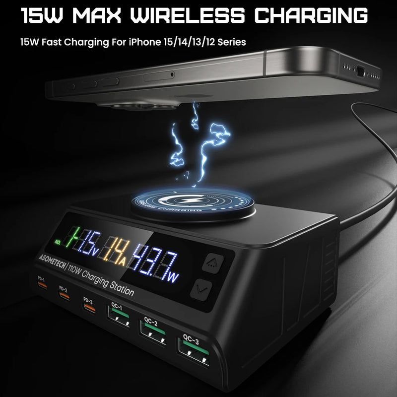 ឆ្នាំងសាកឥតខ្សែ 110W USB Multi Charger 6-Port Desktop PD QC 3.0 Type C Fast Charging Station សម្រាប់ iPhone Laptop Xiaomi Samsung
