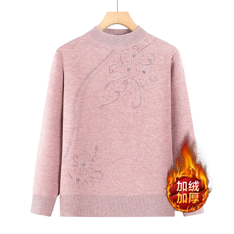 Half Turtleneck Warm Women's Sweater Hot Fleece Velvet Winter Clothes Woman Pullovers Middle Aged Mother Knitwear Basic Jumper