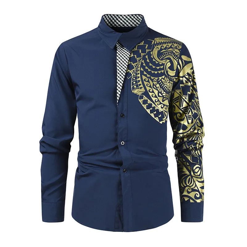 2026 Men's Black Long-sleeved Shirt, Gold Printed Shirts, Fashion Casual Tops Red White Blue Camisa Men Chemise XS S M L XL XXL