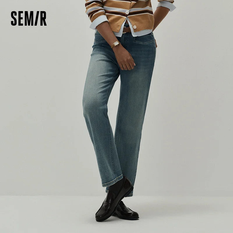 Semir Women Jeans Stretch Cropped Straight Cuffed Hem Soft Denim Casual Style Autumn Pants Urban Daily Wear 2026