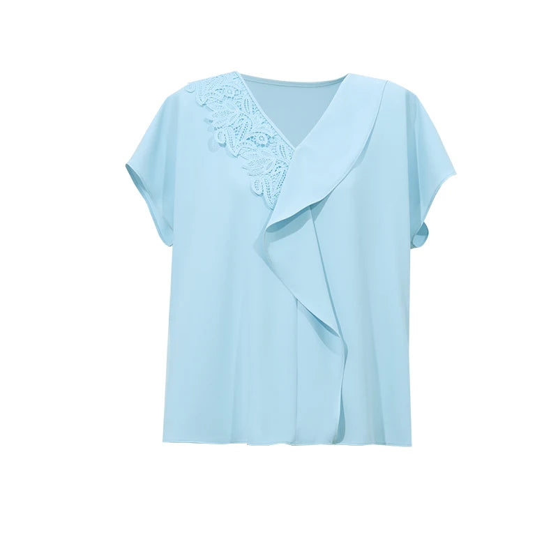 Amii V-Neck Women's Blouse 2026 Summer New Elegant Ruffle Chiffon Top Loose Fit Short Sleeve Office Shirt For Women 12622070