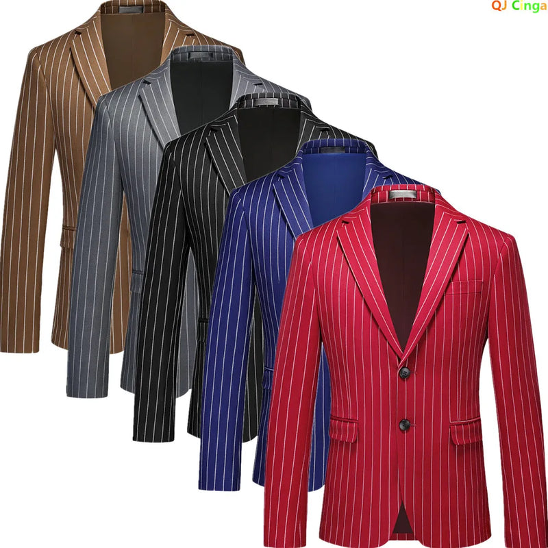 Men's Vertical-Striped Blazer, Perfect for Weddings, Parties, and The Office. Asian Sizes. White, Black, Blue, Gray, Red, Brown.