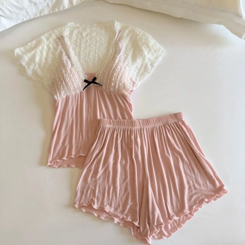 Thin Summer New Pajama Set Woman Nightwear Elegant Short Sleeve Two-Piece Homewear Chest Pads Sleepwear Women's Home Clothes