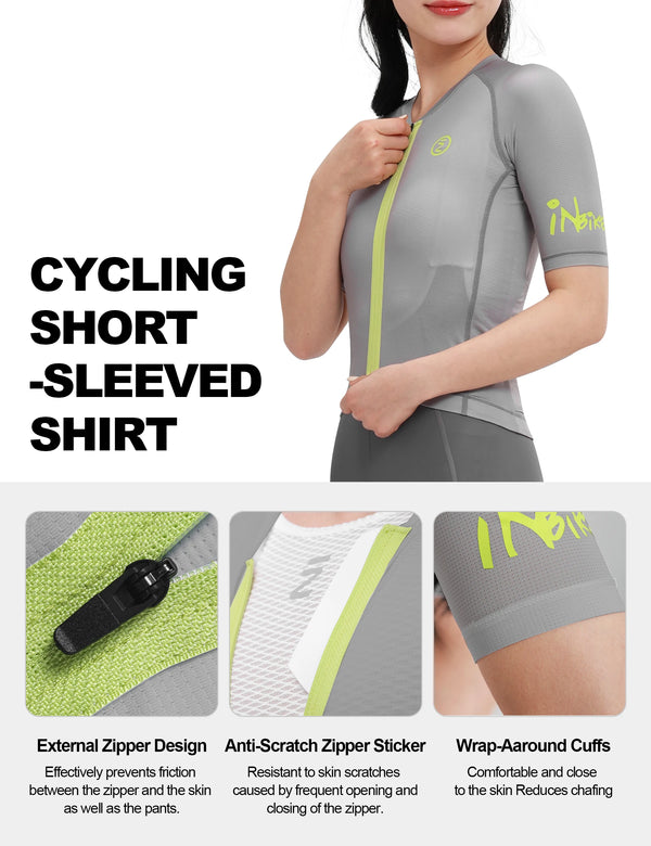 INBIKE New Women‘s Road Bike Jersey Bib Shorts Set Summer Breathable Quick Dry Short Sleeve Cycling Shirt with Padded Bib Shorts