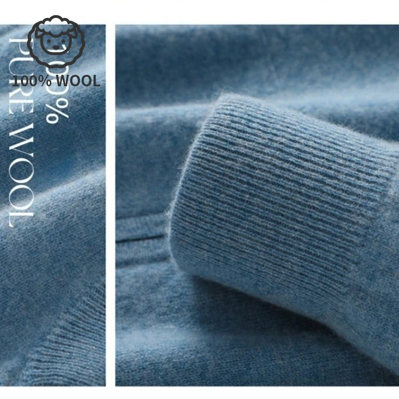 100% Wool  Men's Zip-Up Hooded Sweater, Soft Knit with Pockets, Ideal for Fall and Winter Daily Commute
