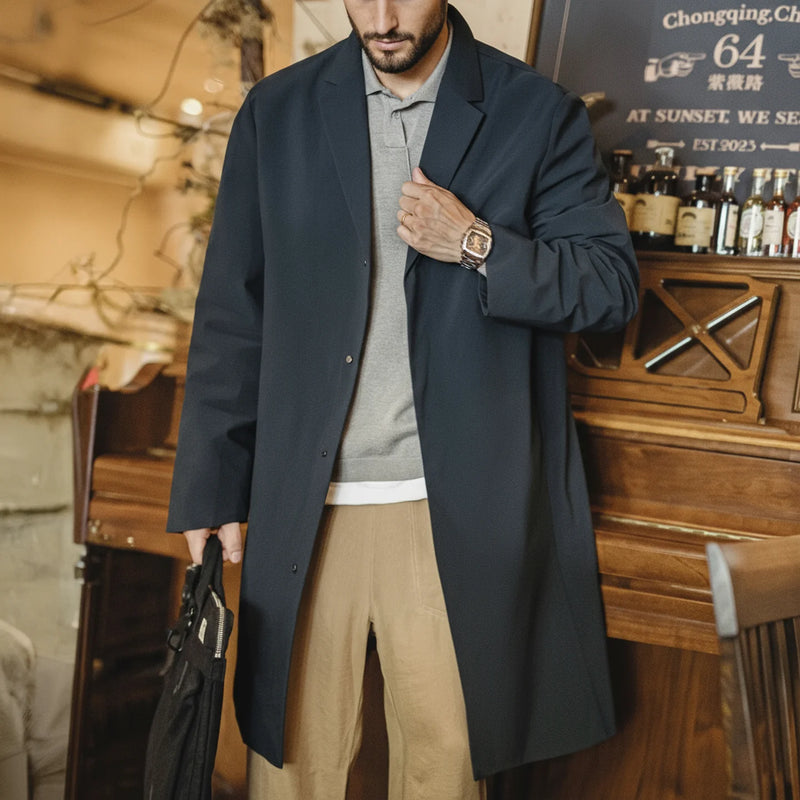 Maden Men's Vintage Commuter Trench Coat Mid-Length Water-Repellent Overcoat Blue Lapel Back Vent Windbreak for Spring Fall