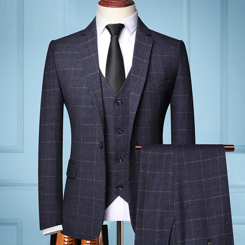 2026 New Men's Blue Three-Piece Suit Set: Black-and-Gray Checkered Jacket with Vest and Trousers, Slim-Fit Suit in Asian Sizes.