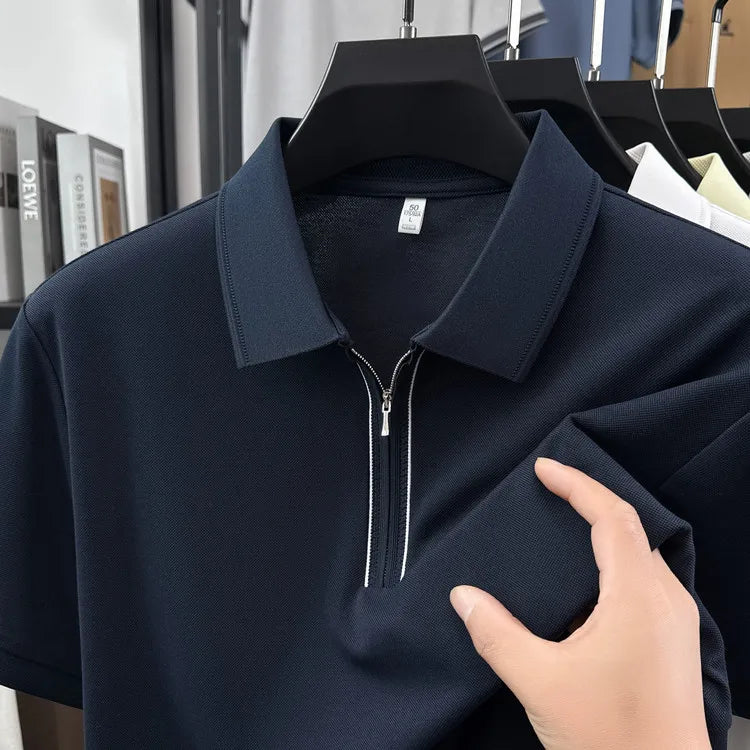 Men's Zipper Polo Shirt – Soft Lyocell Linen Silk Blend, Breathable & Stretchy, Business Casual Short Sleeve for Summer Travel