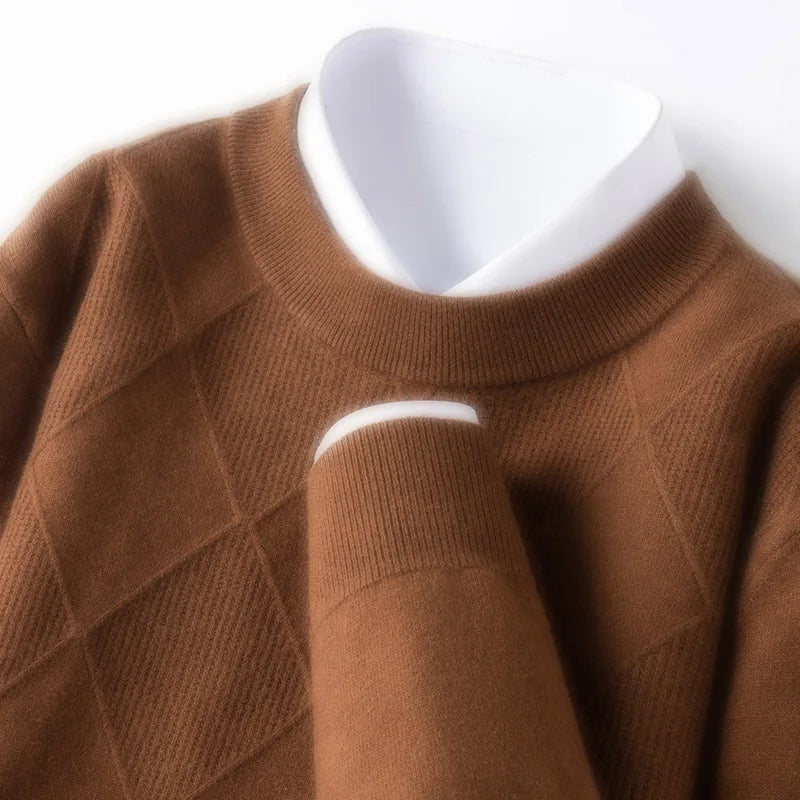 100% Wool Sweater, Diamond Knit Hand-Knit Texture, Autumn Winter Warm, Cambridge Brown Business Casual Pullover