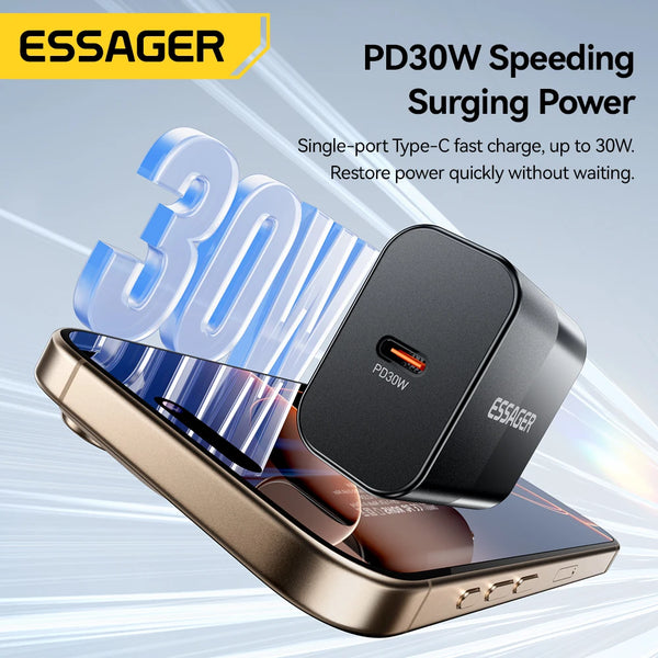 Essager 30W Type C Travel Charger Portable USB C Charger PD Fast Charging For iPhone 16 15 14 13 Pro Max Xiaomi Galaxy S24 Ultra