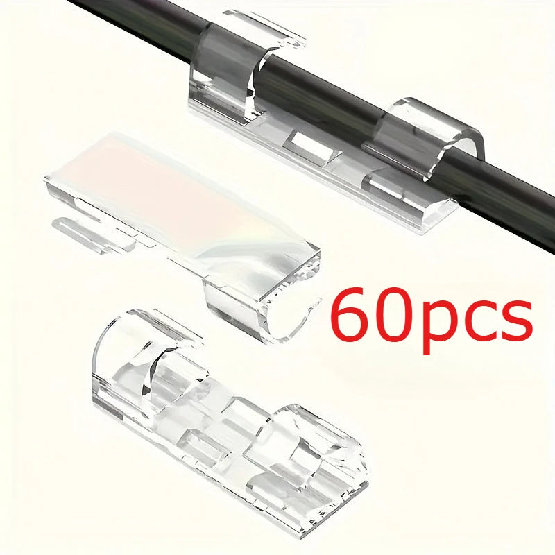 20/40/60pcs Transparent Plastic Cable Clips-Adhesive No Drill Wire Organizers for Power StripsWalls&Under DeskClear Cord Holders