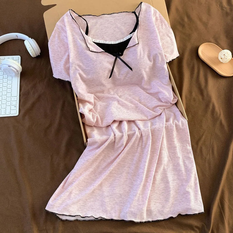 New Nightgown Women Chest Pad Homewear Summer Thin Nightdress Female Clothing Short Sleeve Sleepwear Nightie Home Wear Dress