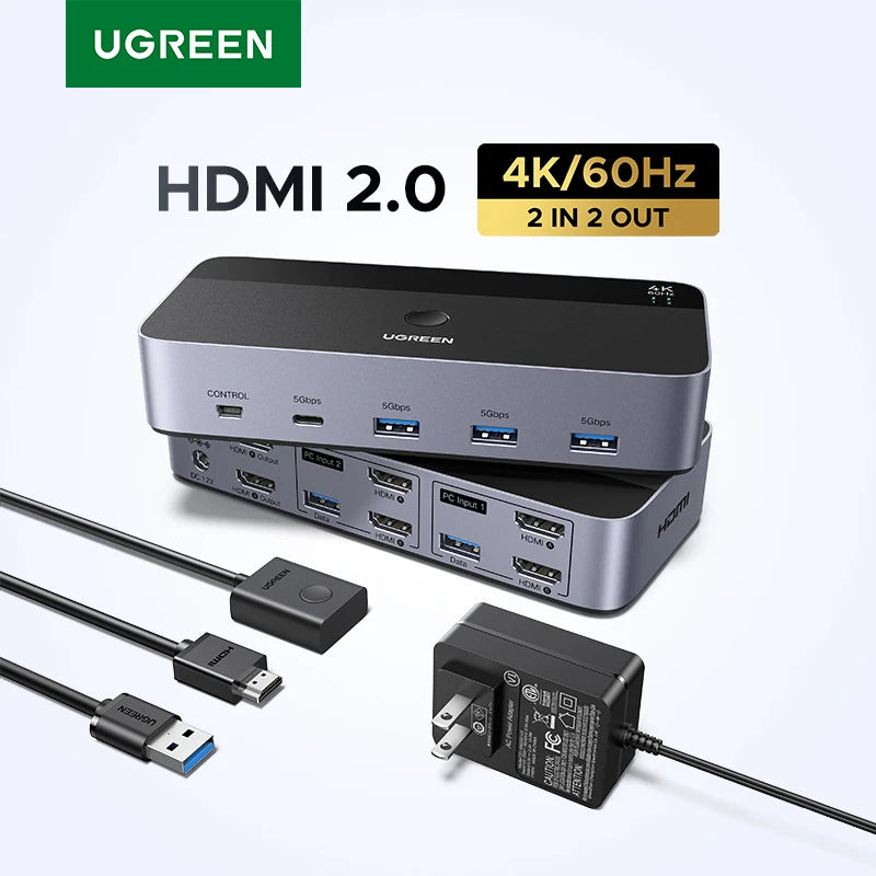 UGREEN 8K 60Hz HDMI KVM Switch USB C USB3.0 KVM Switcher 2 PCs Sharing 1 Monitor,Printer,Keyboard,Mouse Support 3D ,HDR Vision