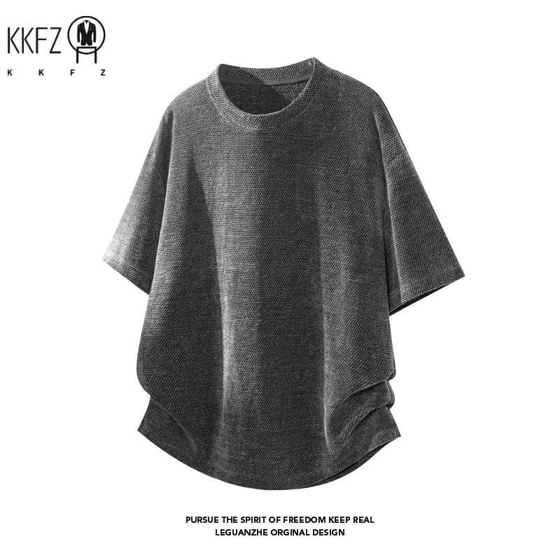 Men Crew Neck Waffle Knit Short Sleeve T Shirt Curved Hem Hemline Oversized Silhouette For Summer Street Casual Daily Wear